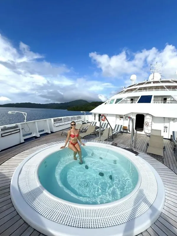 Hot tub on the deck of a small cruise ship